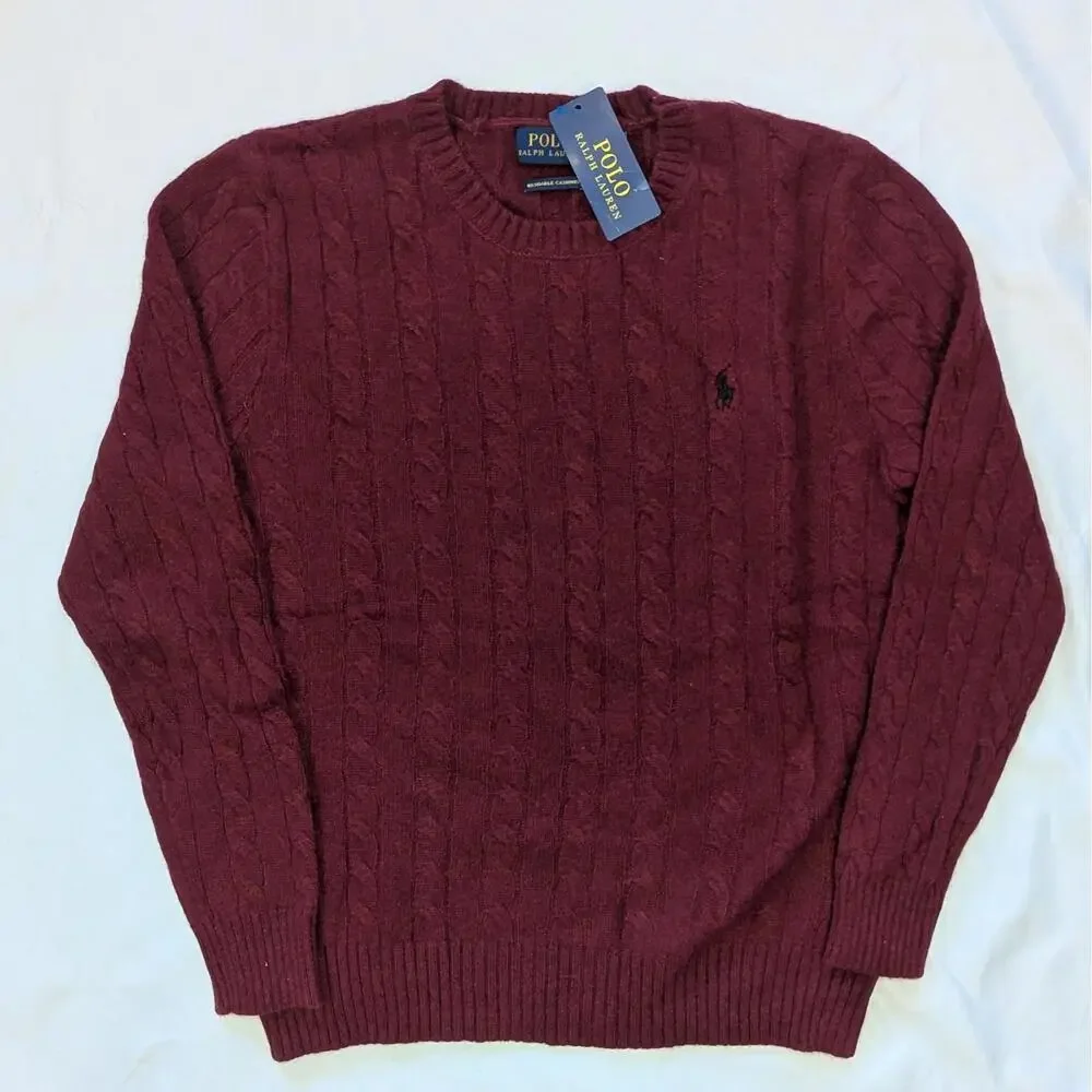 Polo Ralph Lauren Wool Cashmere Cable Knit Crewneck Sweater Burgundy M NWT - Picture 2 of 7